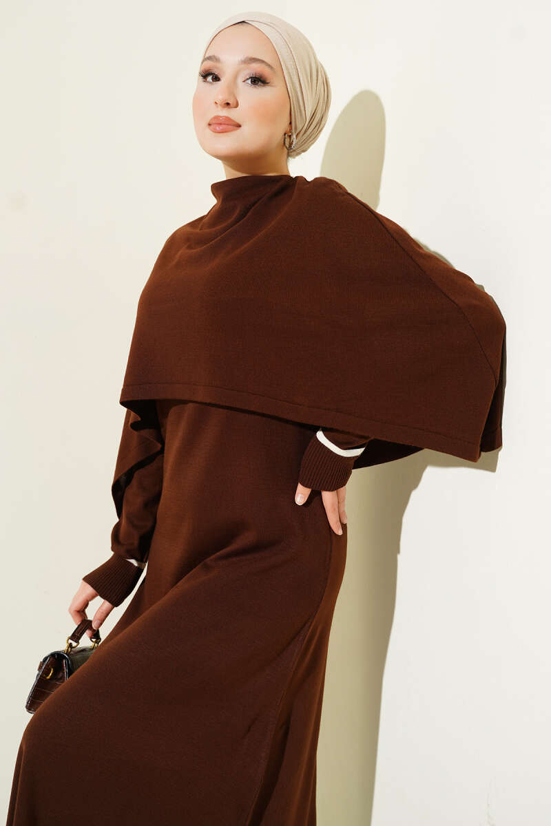 Knit Dress with Cape Detail - Brown
