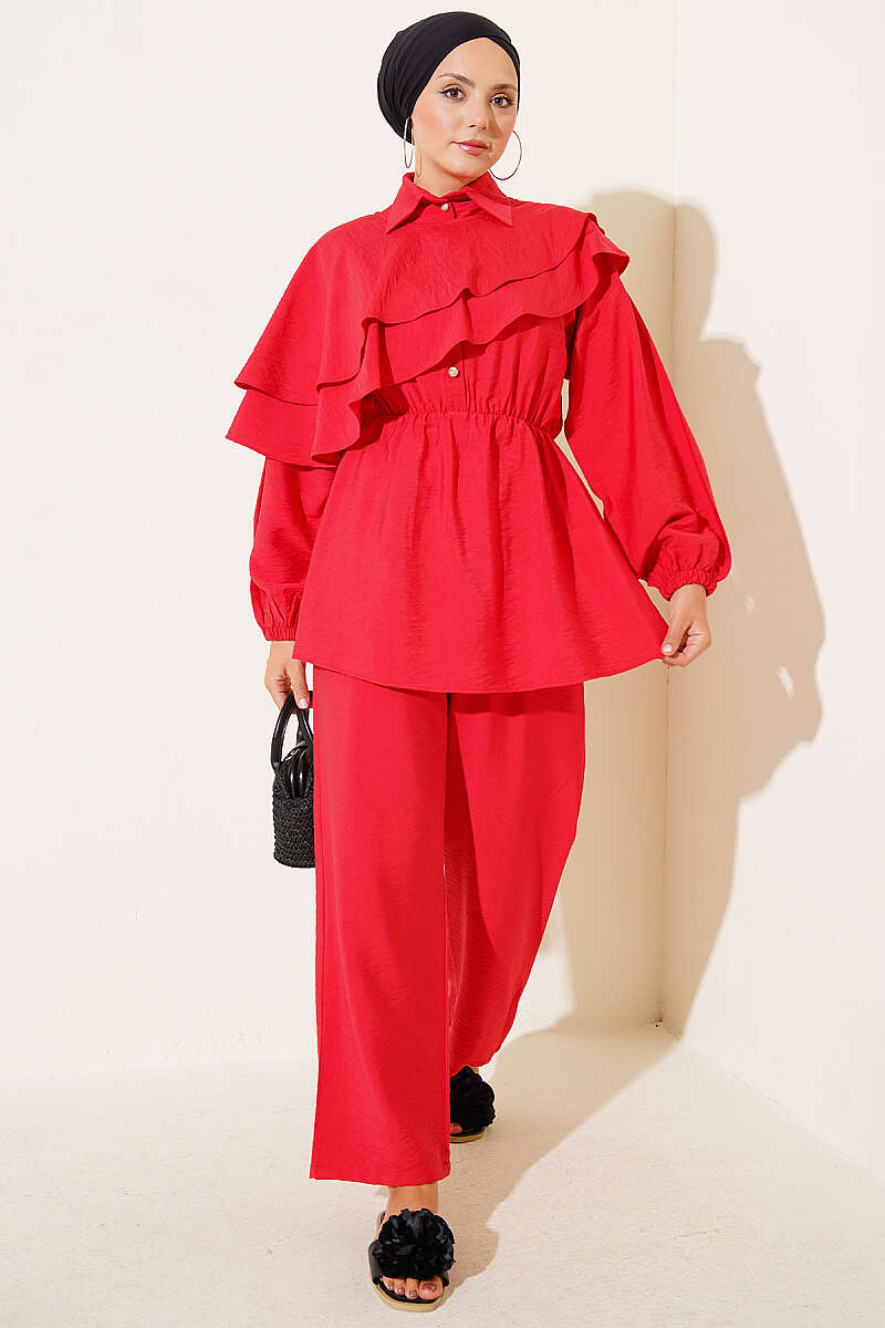 Half-Button Two-Piece Set with Cape Detail - Red