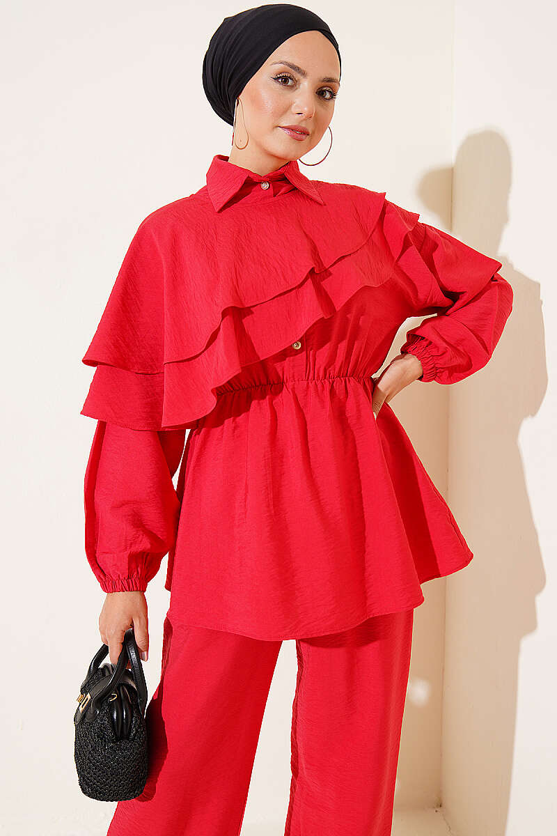 Half-Button Two-Piece Set with Cape Detail - Red