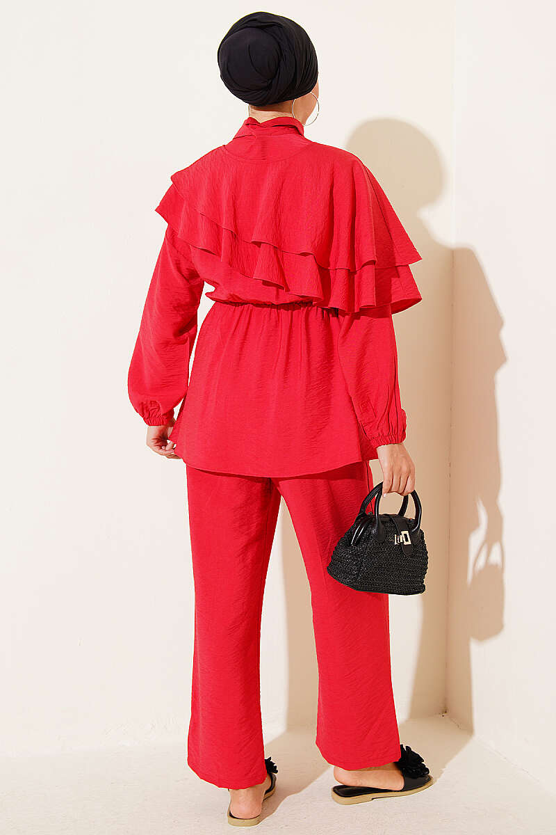 Half-Button Two-Piece Set with Cape Detail - Red