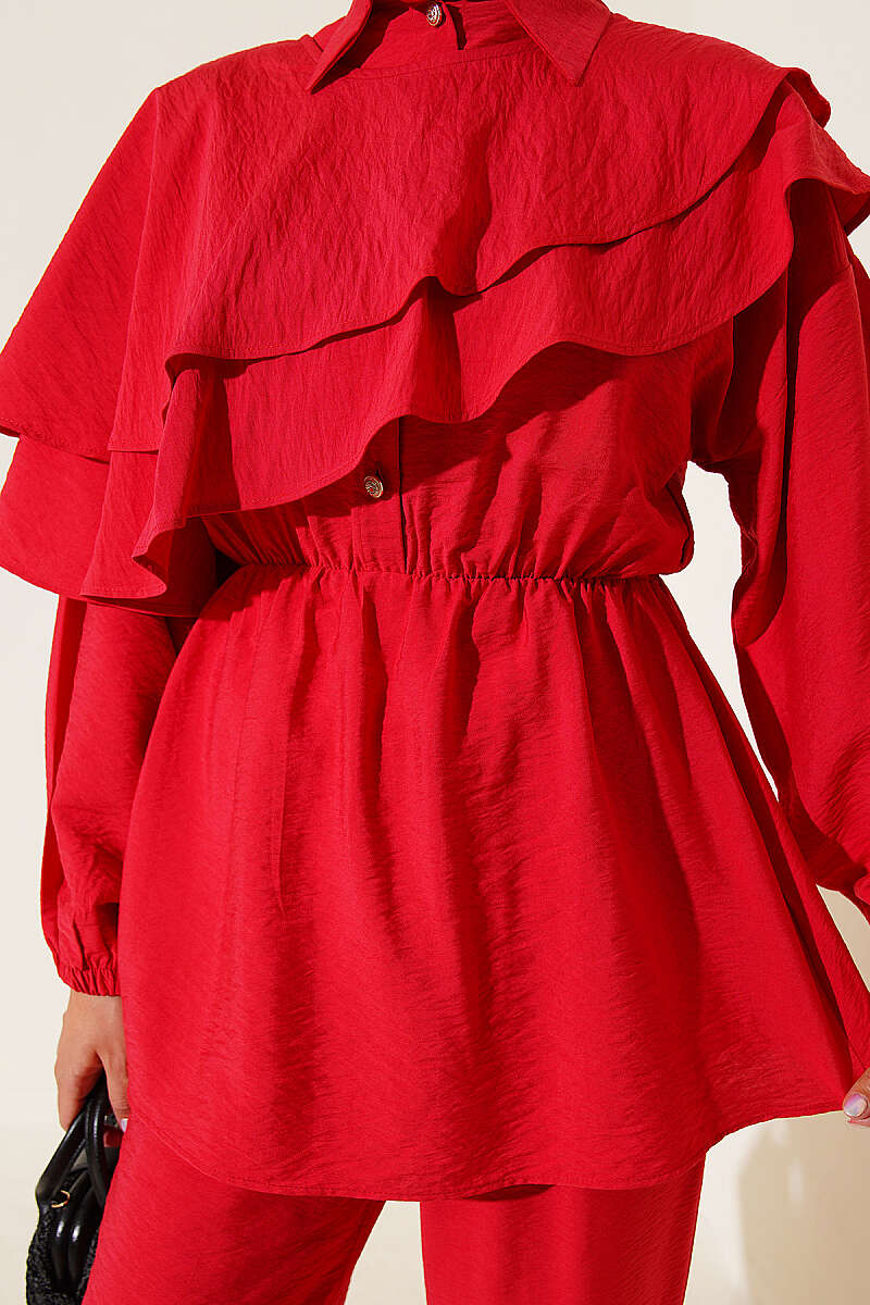 Half-Button Two-Piece Set with Cape Detail - Red