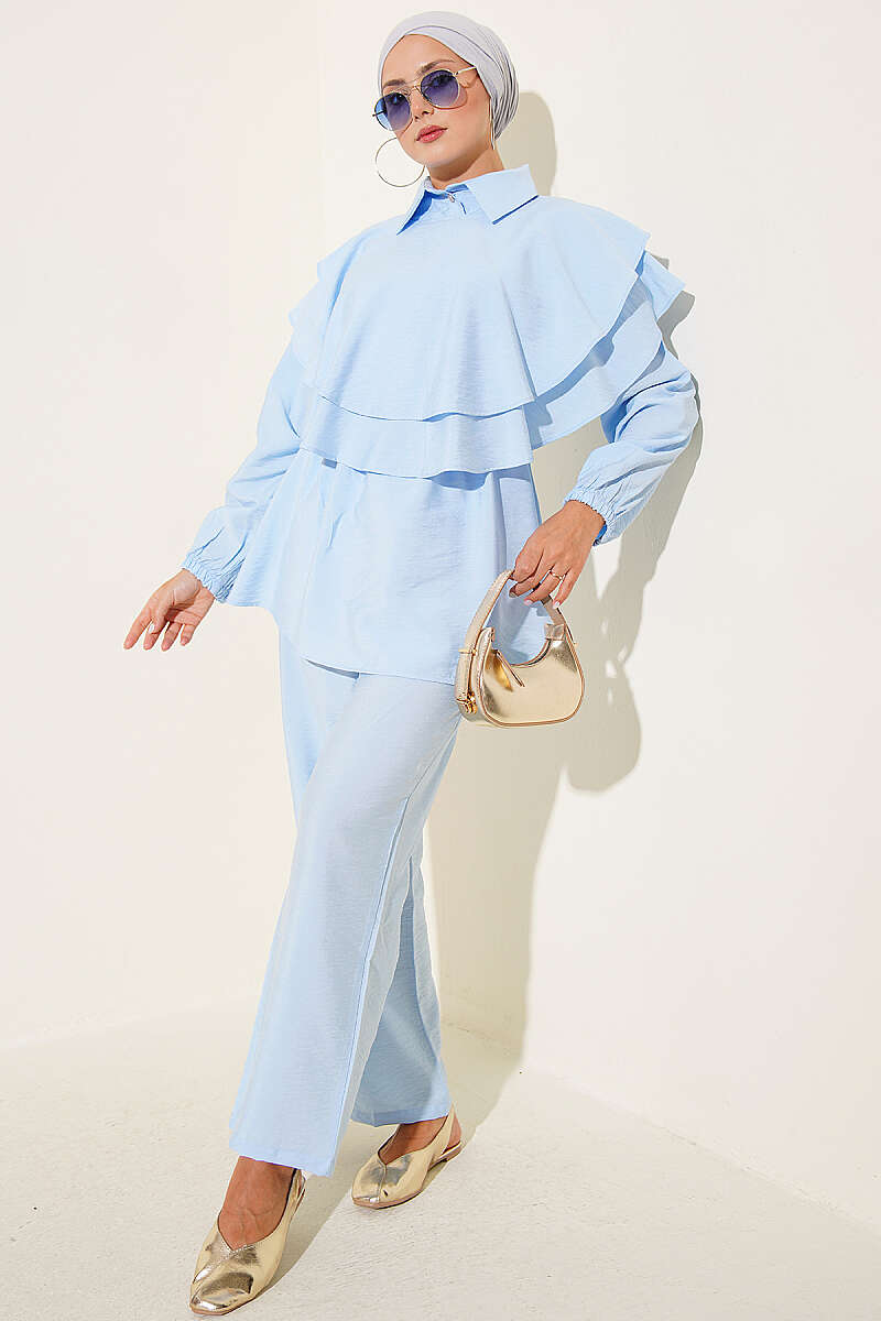 Half-Button Two-Piece Set with Cape Detail - Blue