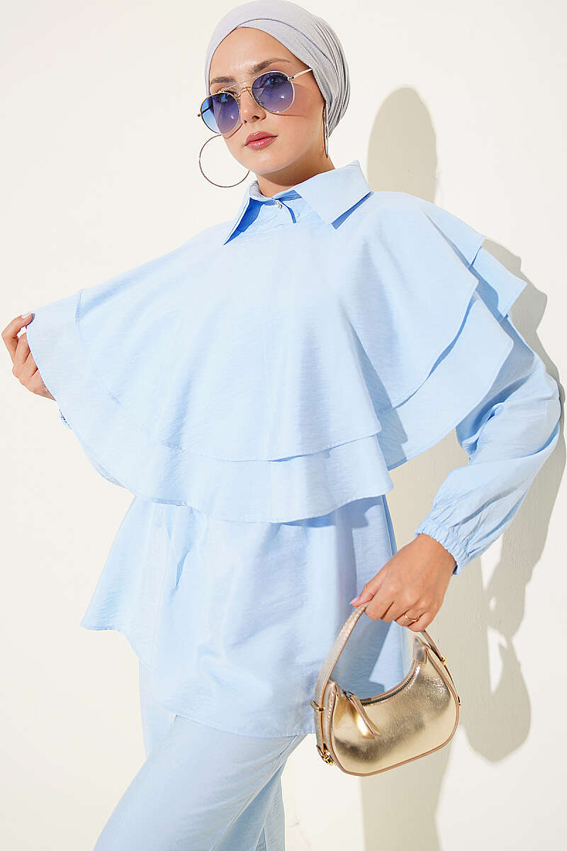 Half-Button Two-Piece Set with Cape Detail - Blue