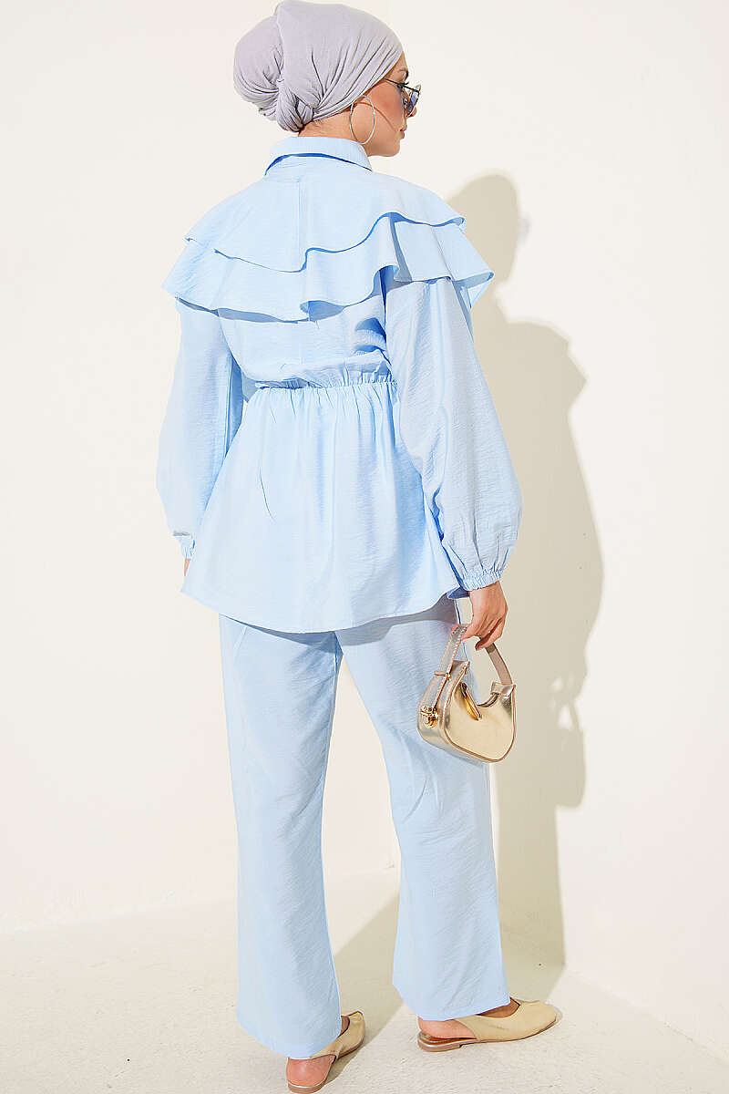 Half-Button Two-Piece Set with Cape Detail - Blue