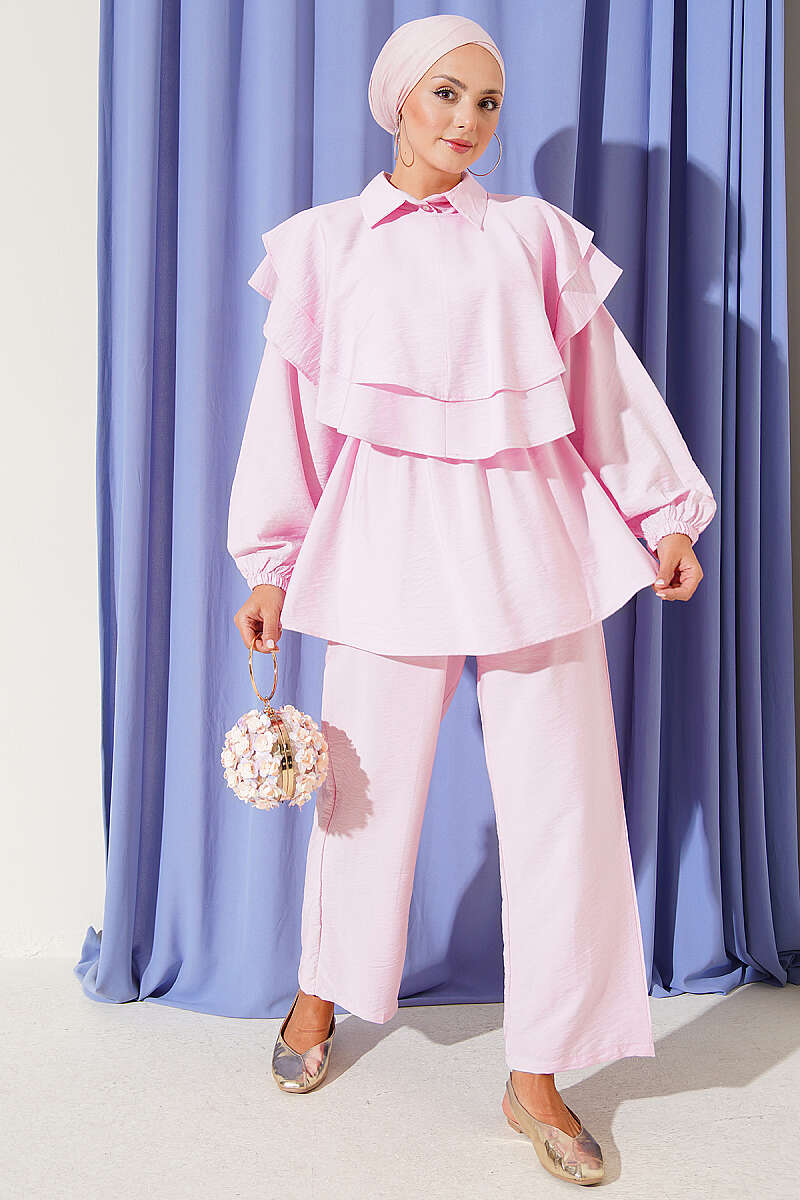 Half-Button Two-Piece Set with Cape Detail - Pink