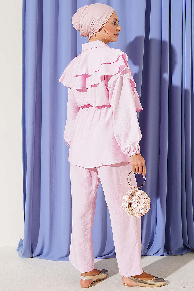 Half-Button Two-Piece Set with Cape Detail - Pink