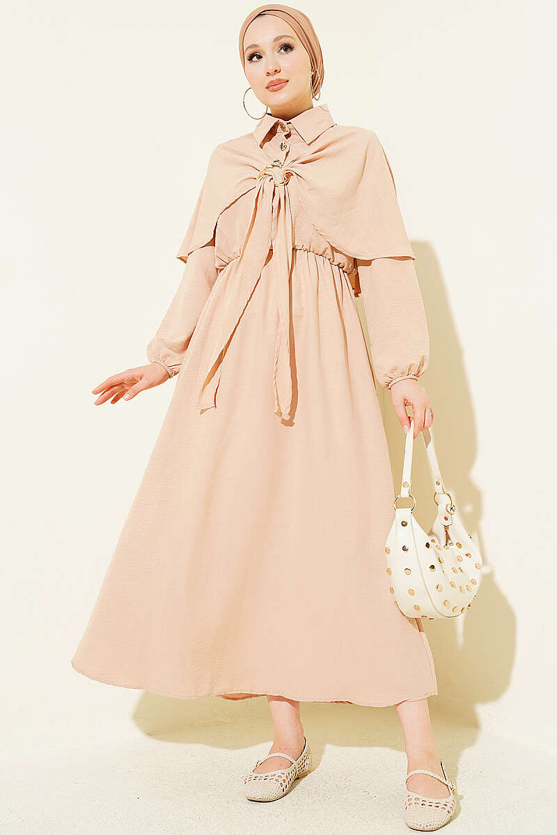 Half-Button Cape Dress with Elastic Waist - Beige