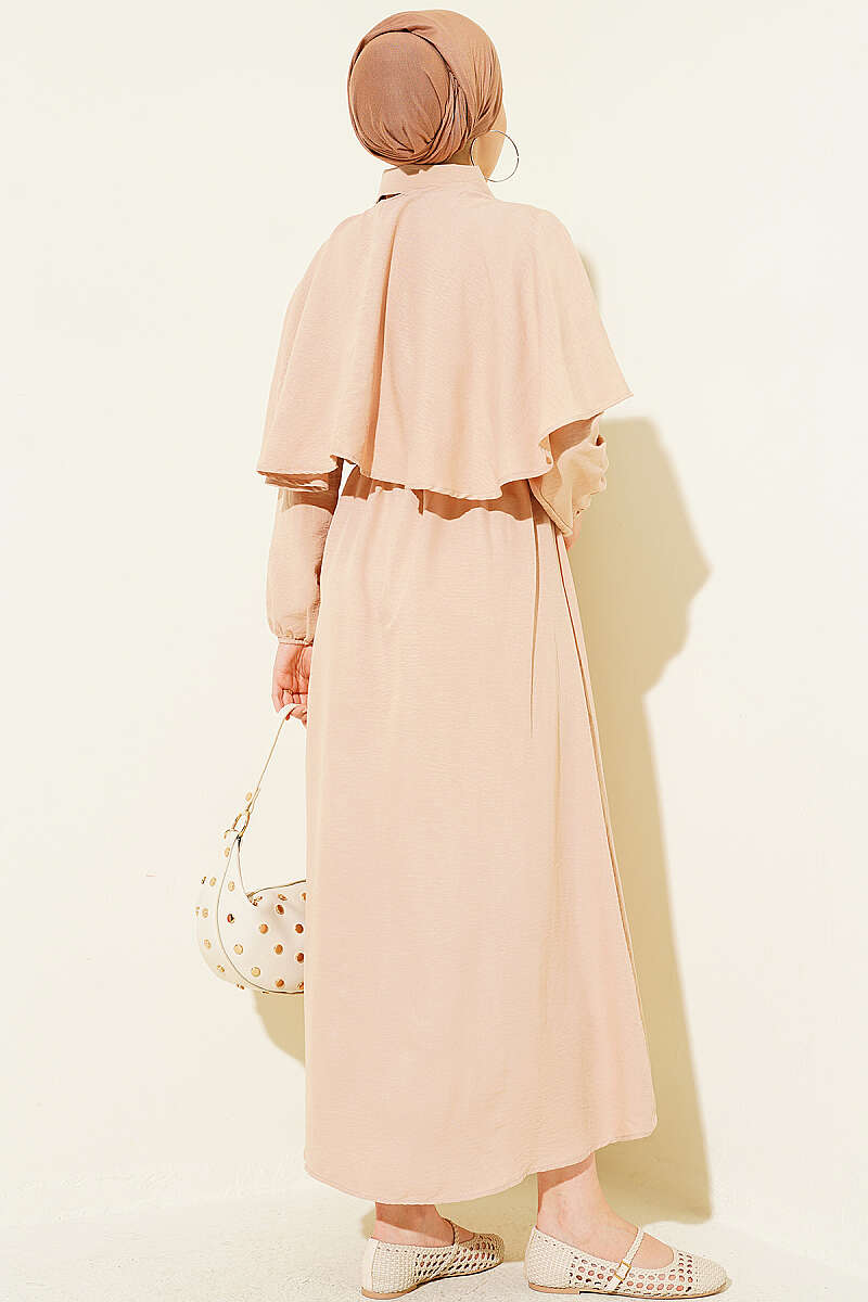 Half-Button Cape Dress with Elastic Waist - Beige