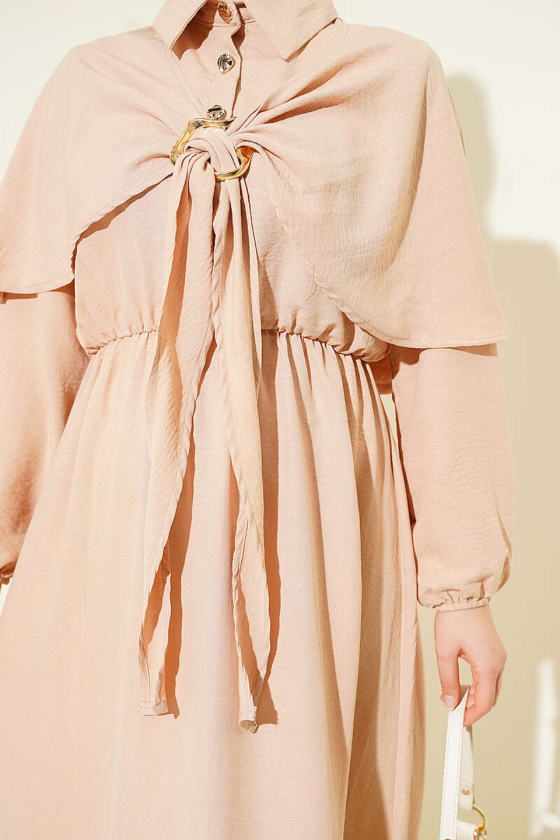 Half-Button Cape Dress with Elastic Waist - Beige