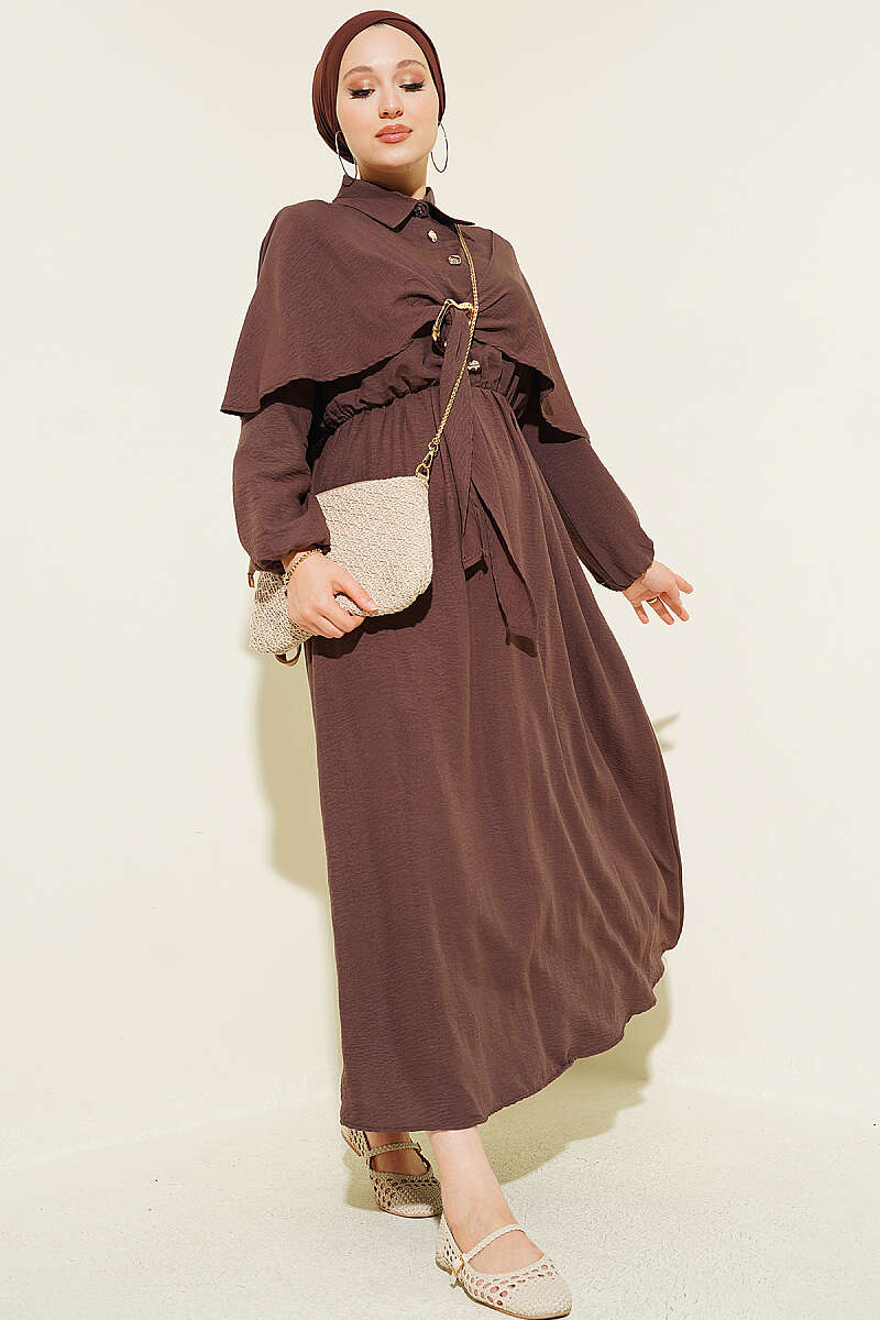 Half-Button Cape Dress with Elastic Waist - Brown