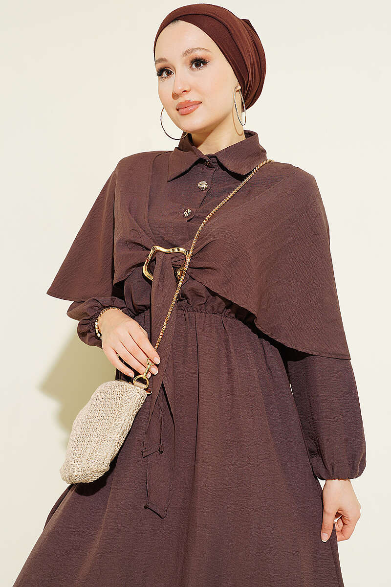 Half-Button Cape Dress with Elastic Waist - Brown