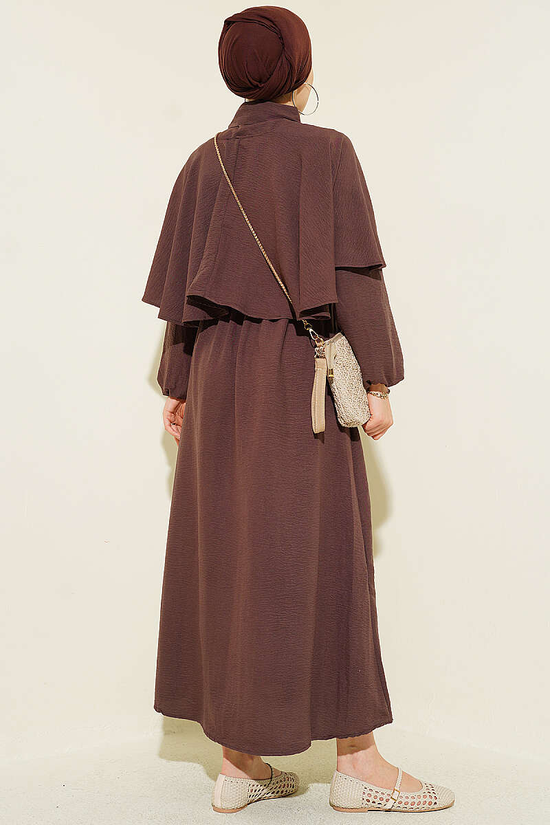 Half-Button Cape Dress with Elastic Waist - Brown