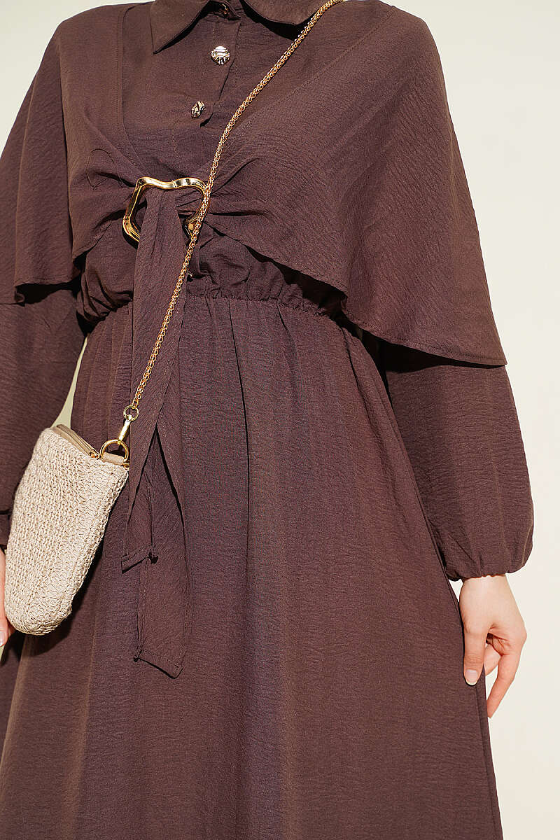 Half-Button Cape Dress with Elastic Waist - Brown