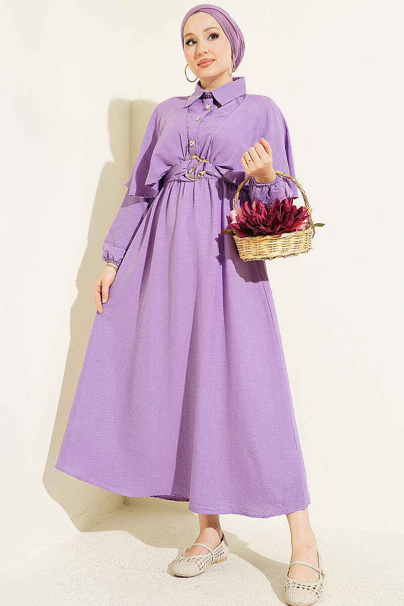Half-Button Cape Dress with Elastic Waist - Lilac