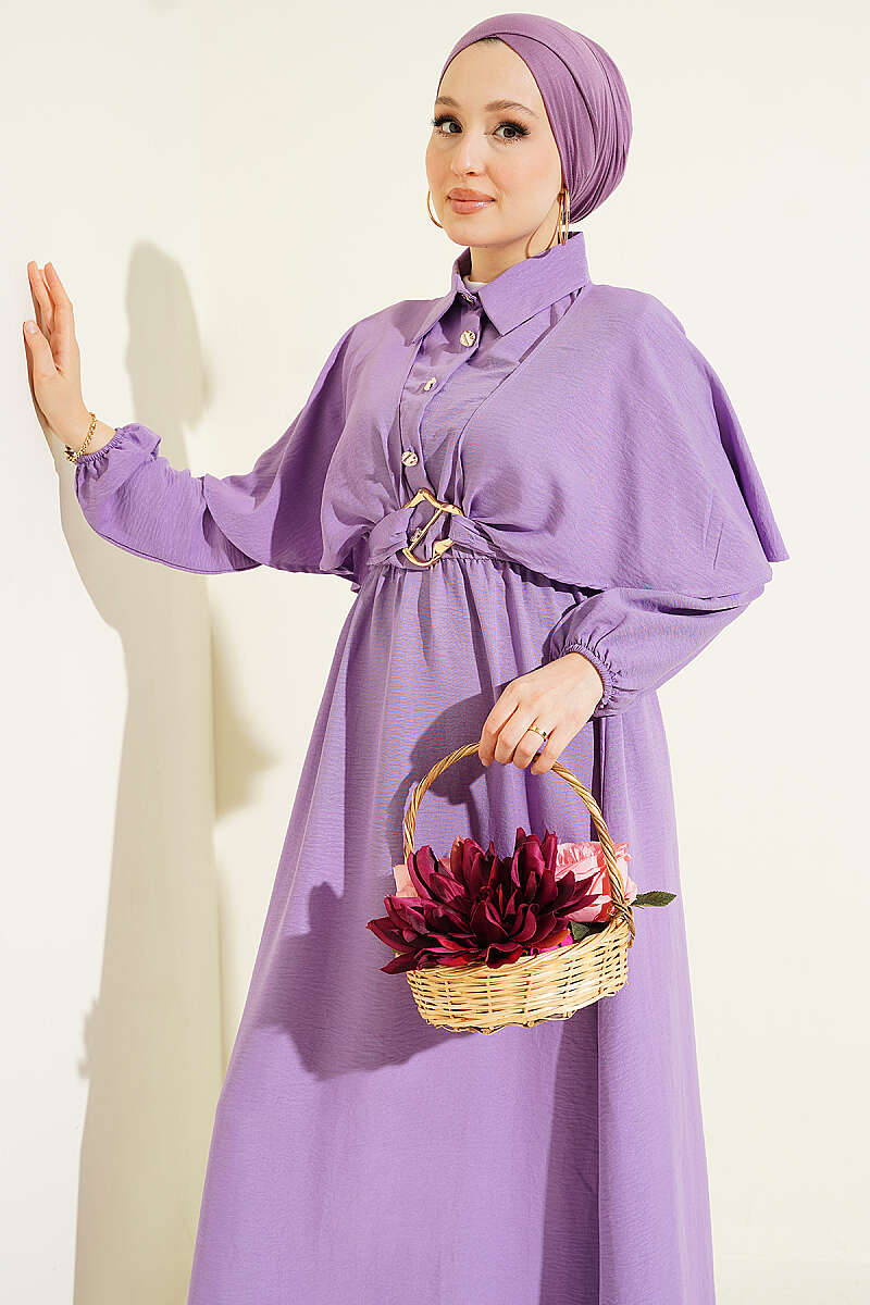 Half-Button Cape Dress with Elastic Waist - Lilac