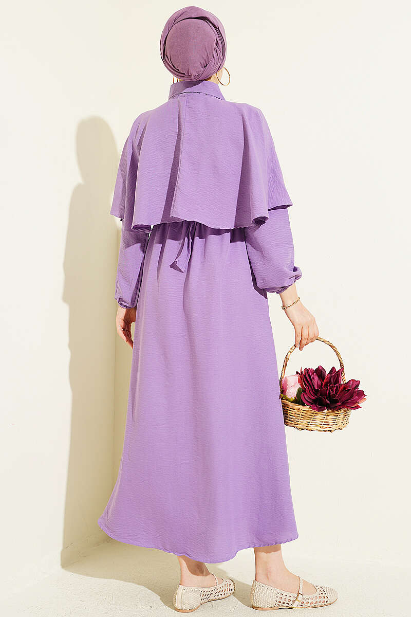 Half-Button Cape Dress with Elastic Waist - Lilac