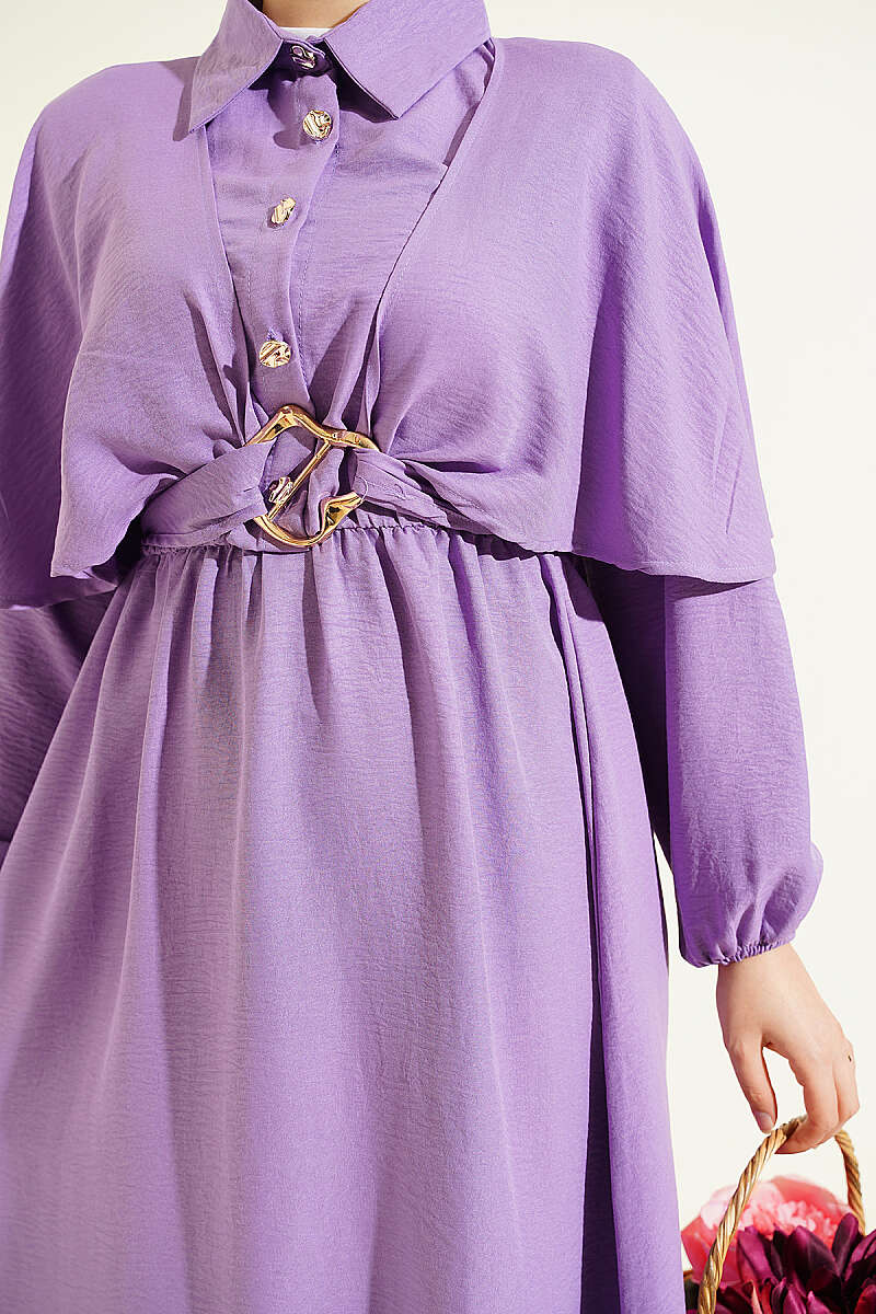 Half-Button Cape Dress with Elastic Waist - Lilac