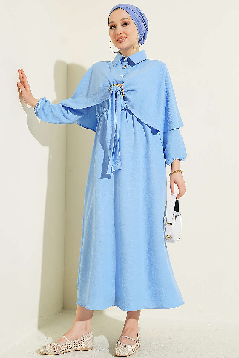 Half-Button Cape Dress with Elastic Waist - Blue
