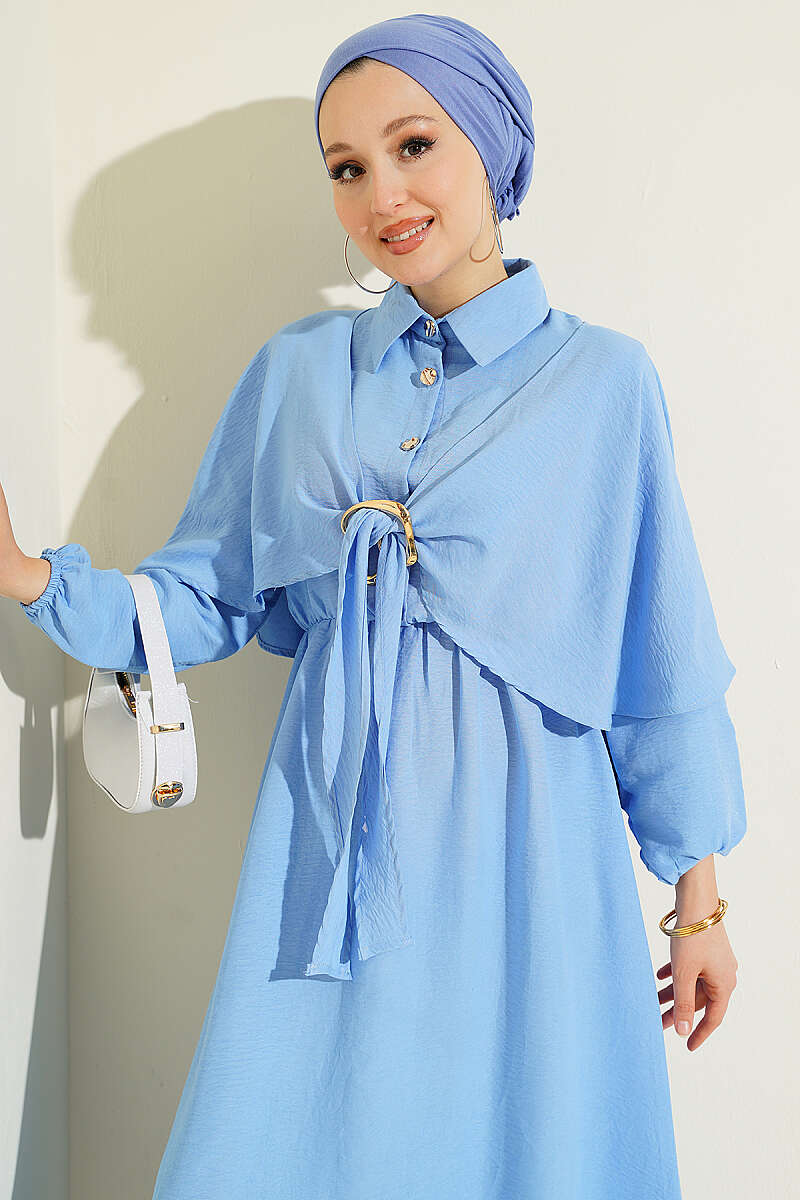Half-Button Cape Dress with Elastic Waist - Blue
