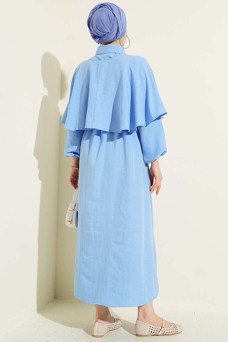 Half-Button Cape Dress with Elastic Waist - Blue