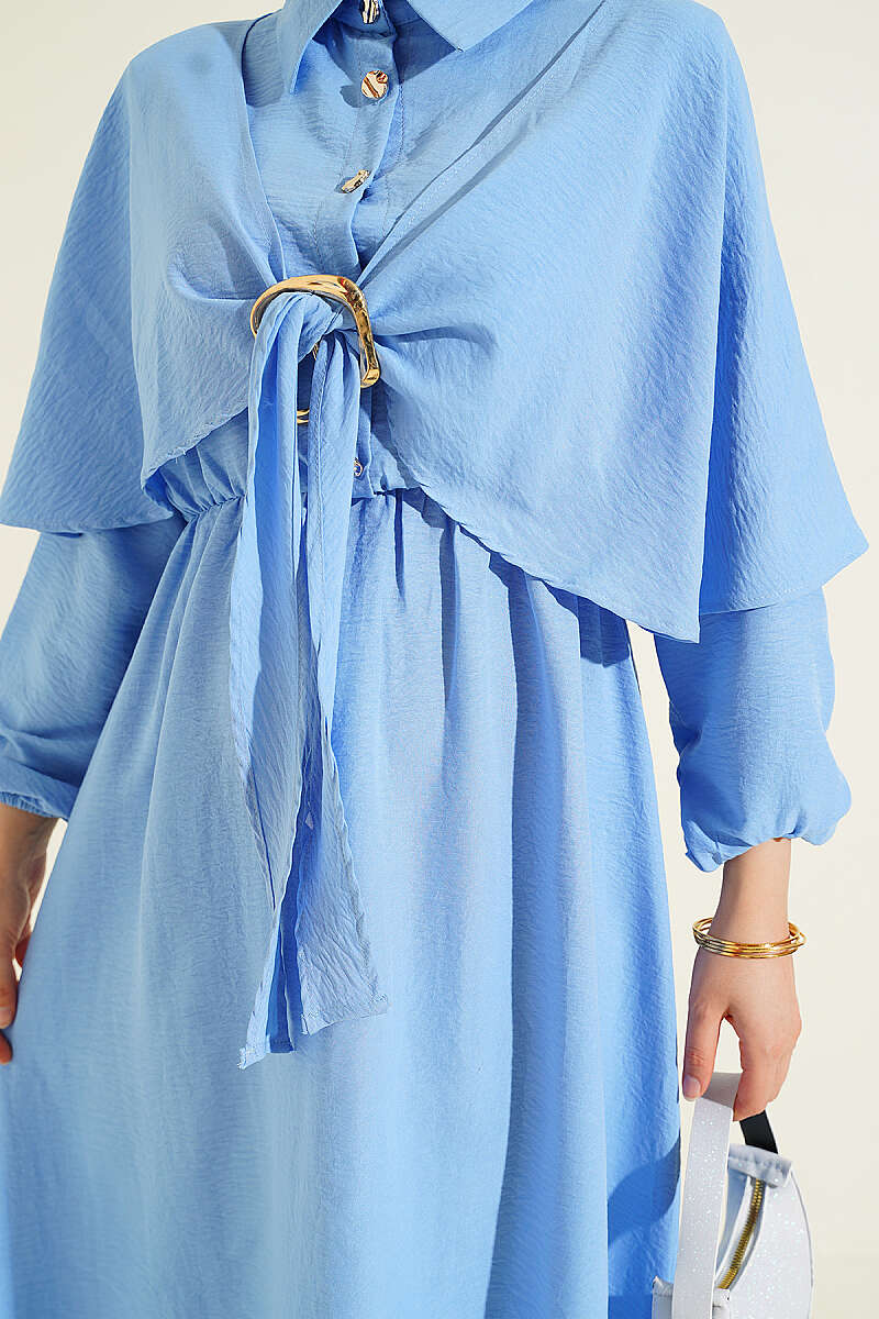Half-Button Cape Dress with Elastic Waist - Blue