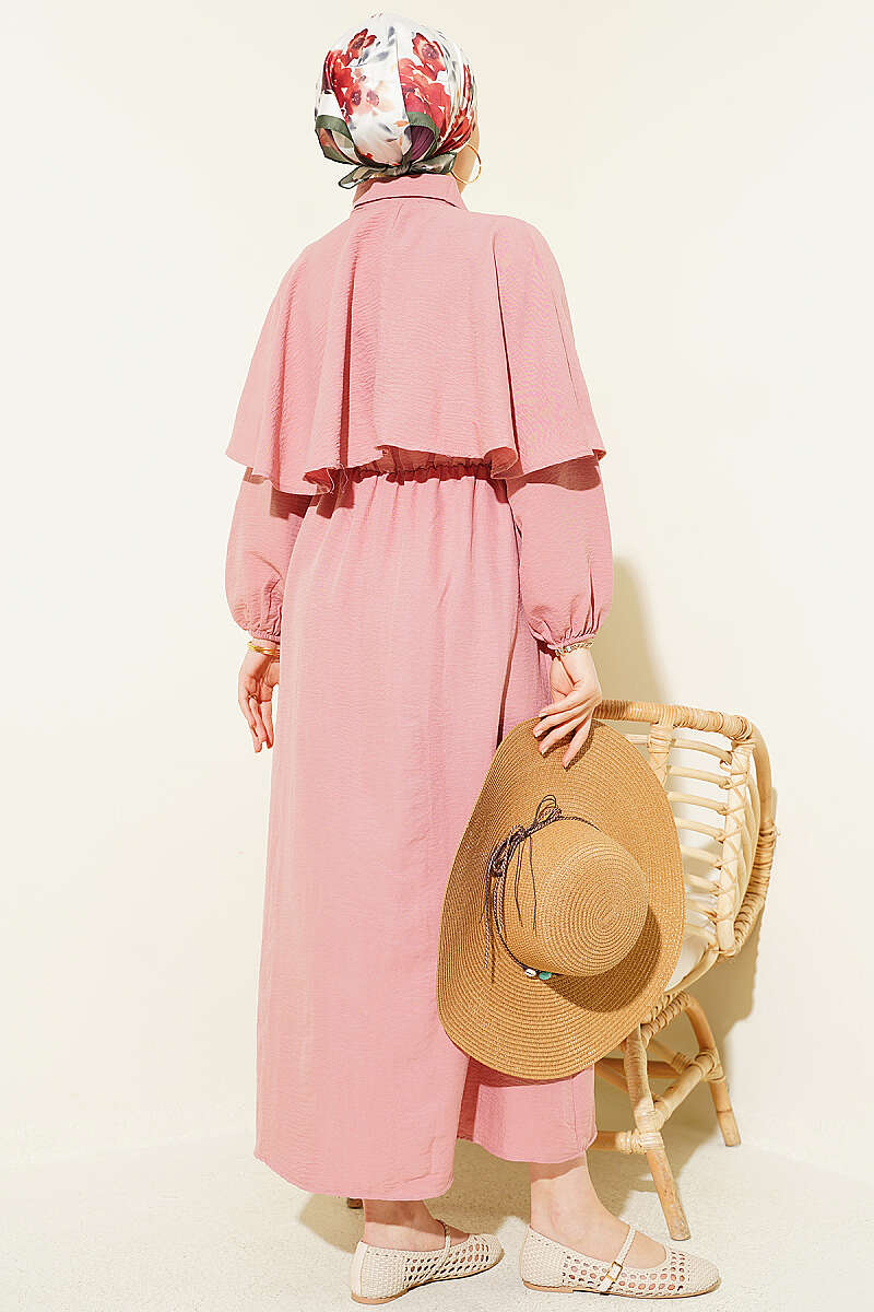Half-Button Cape Dress with Elastic Waist - Powder