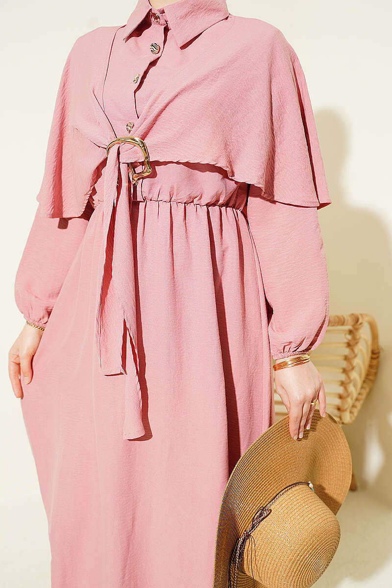 Half-Button Cape Dress with Elastic Waist - Powder