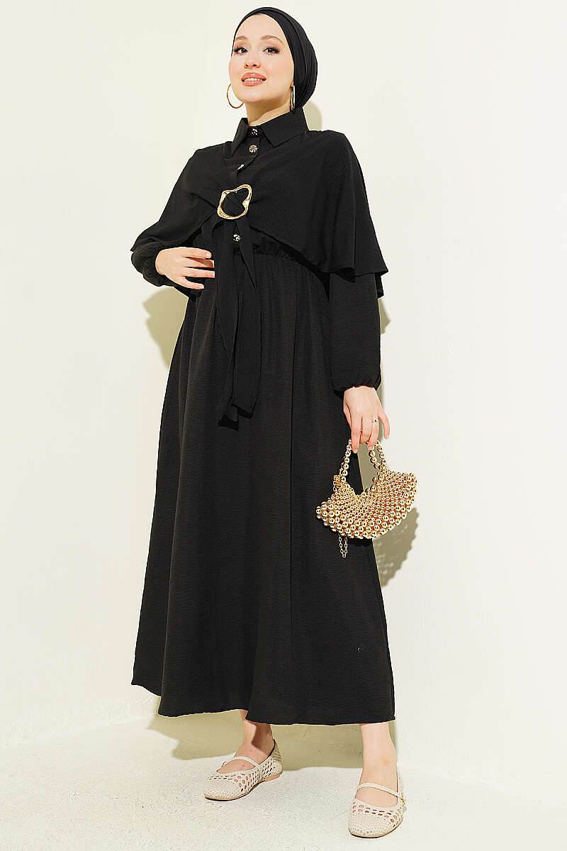 Half-Button Cape Dress with Elastic Waist - Black
