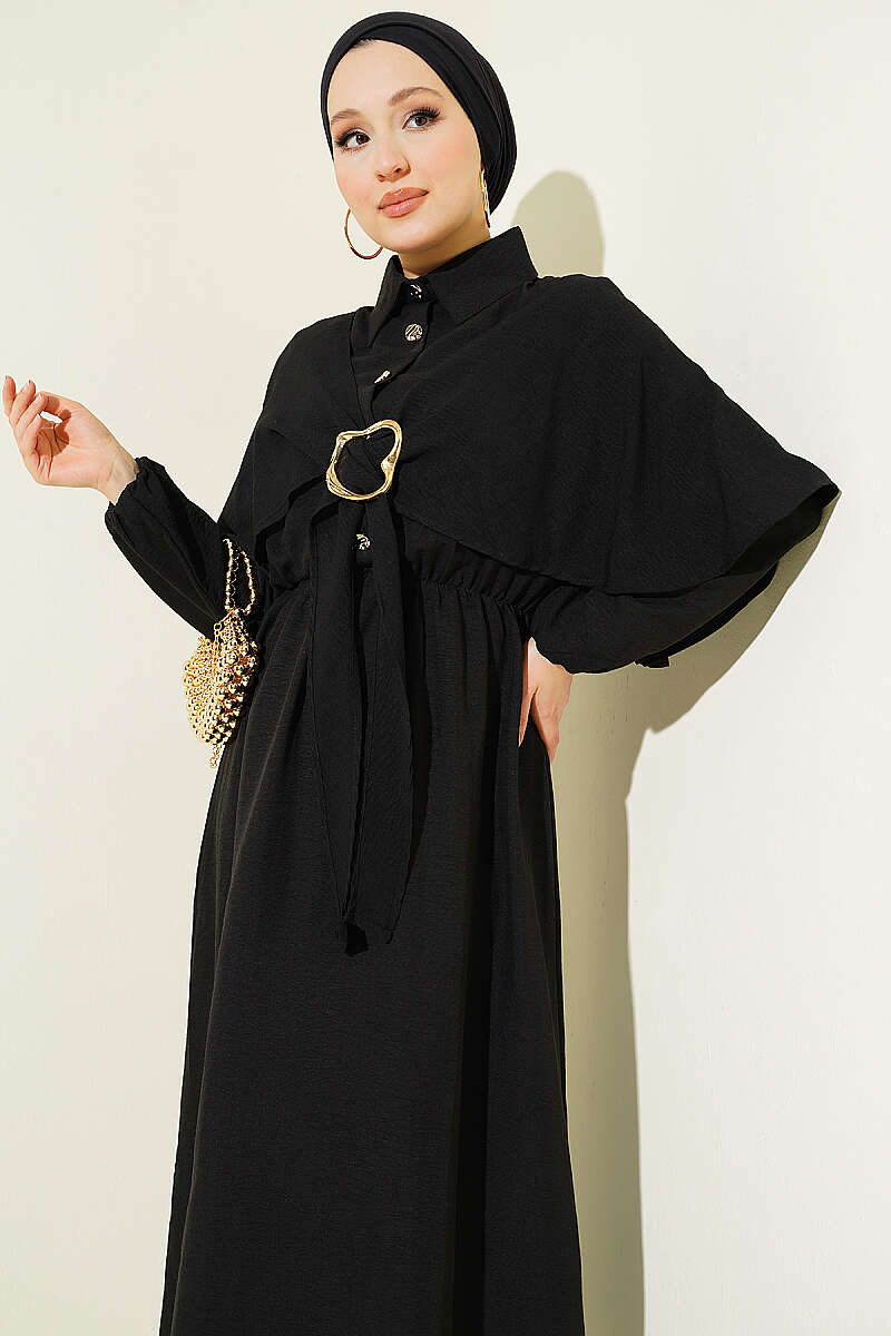 Half-Button Cape Dress with Elastic Waist - Black