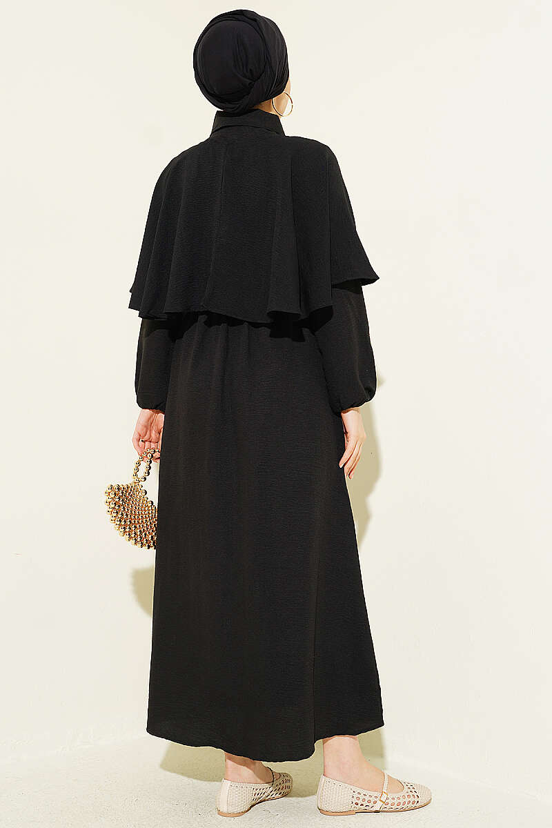 Half-Button Cape Dress with Elastic Waist - Black