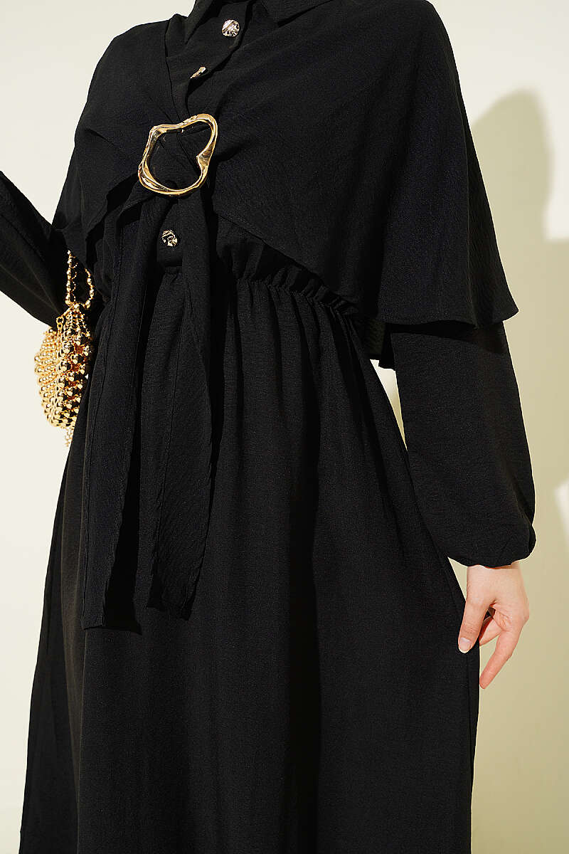 Half-Button Cape Dress with Elastic Waist - Black
