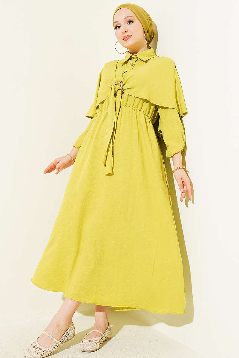 Half-Button Cape Dress with Elastic Waist - Olive