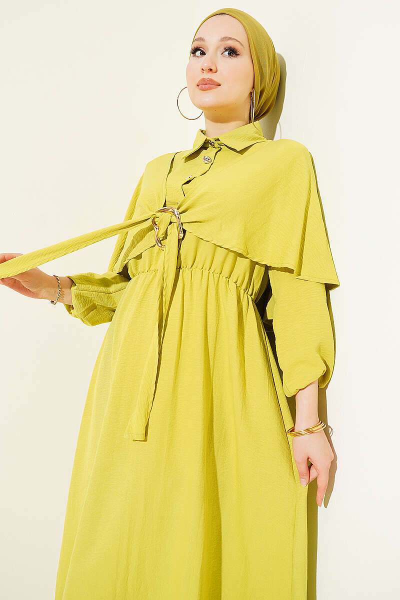 Half-Button Cape Dress with Elastic Waist - Olive