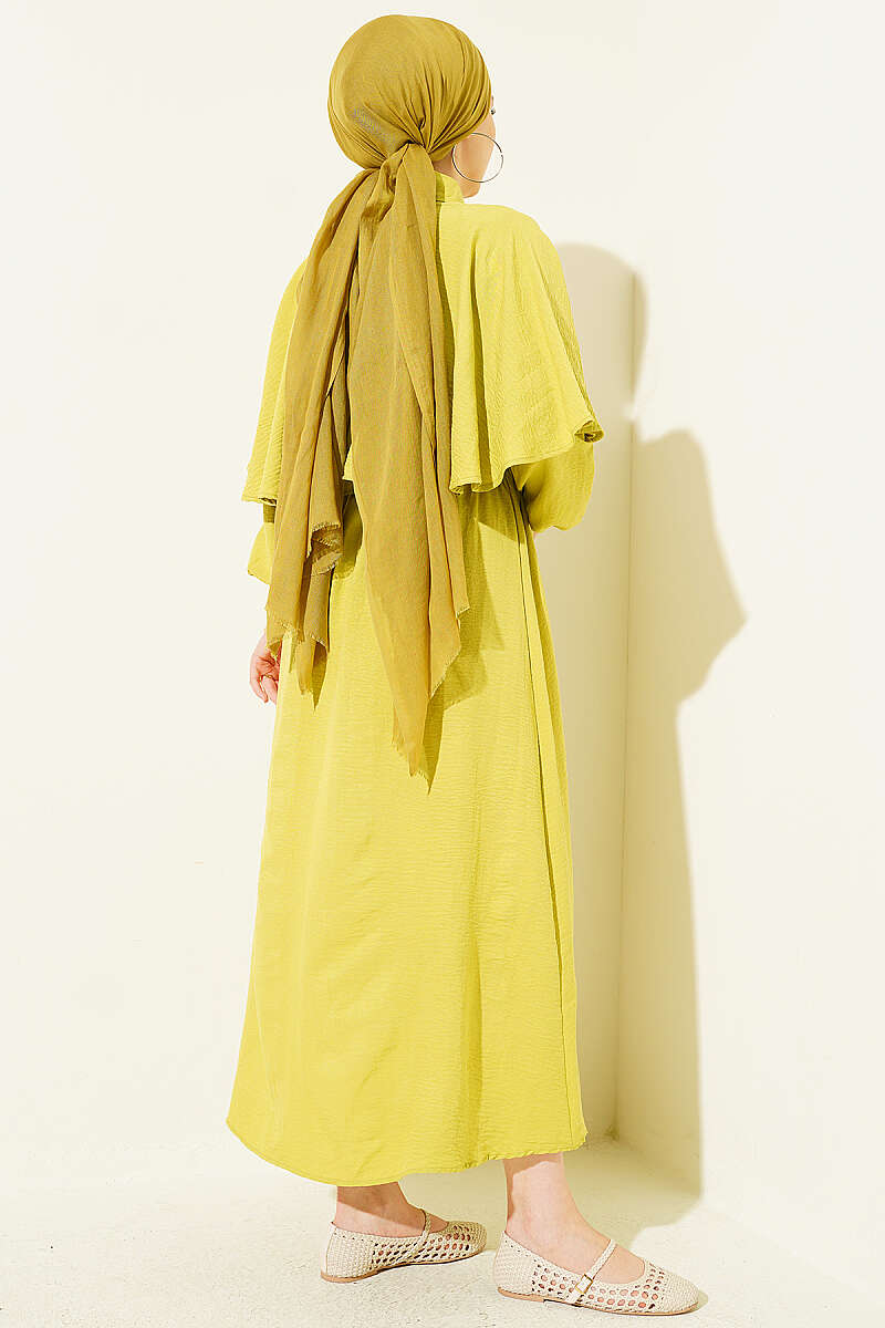 Half-Button Cape Dress with Elastic Waist - Olive