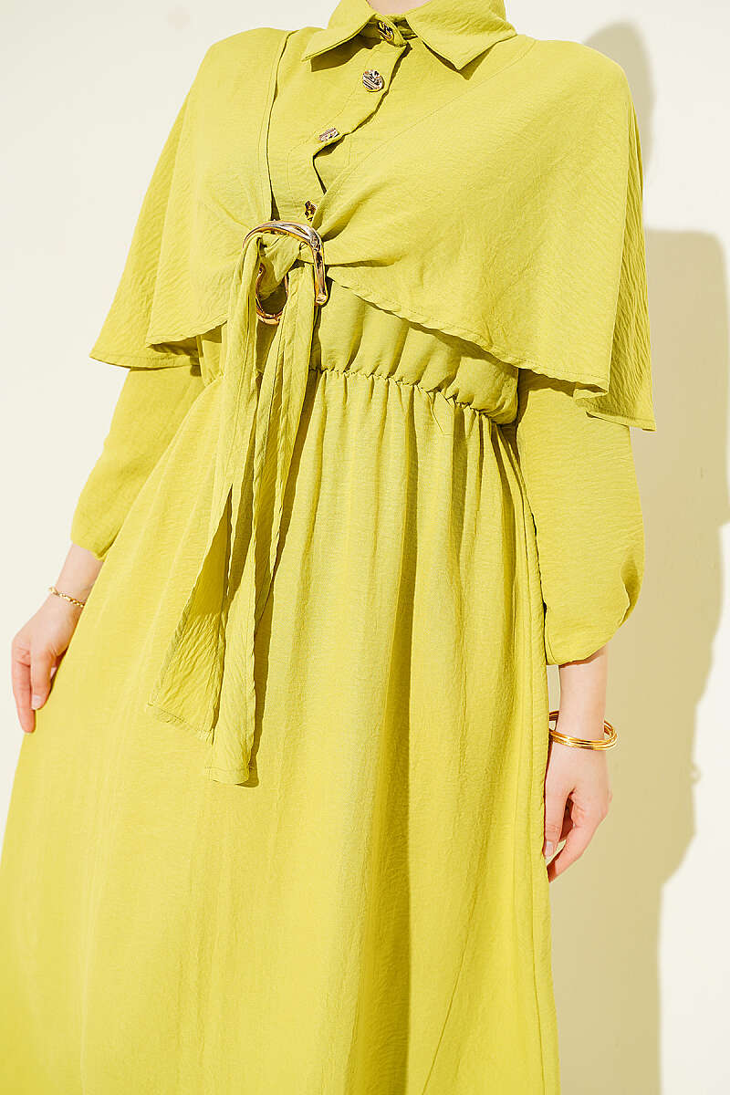 Half-Button Cape Dress with Elastic Waist - Olive