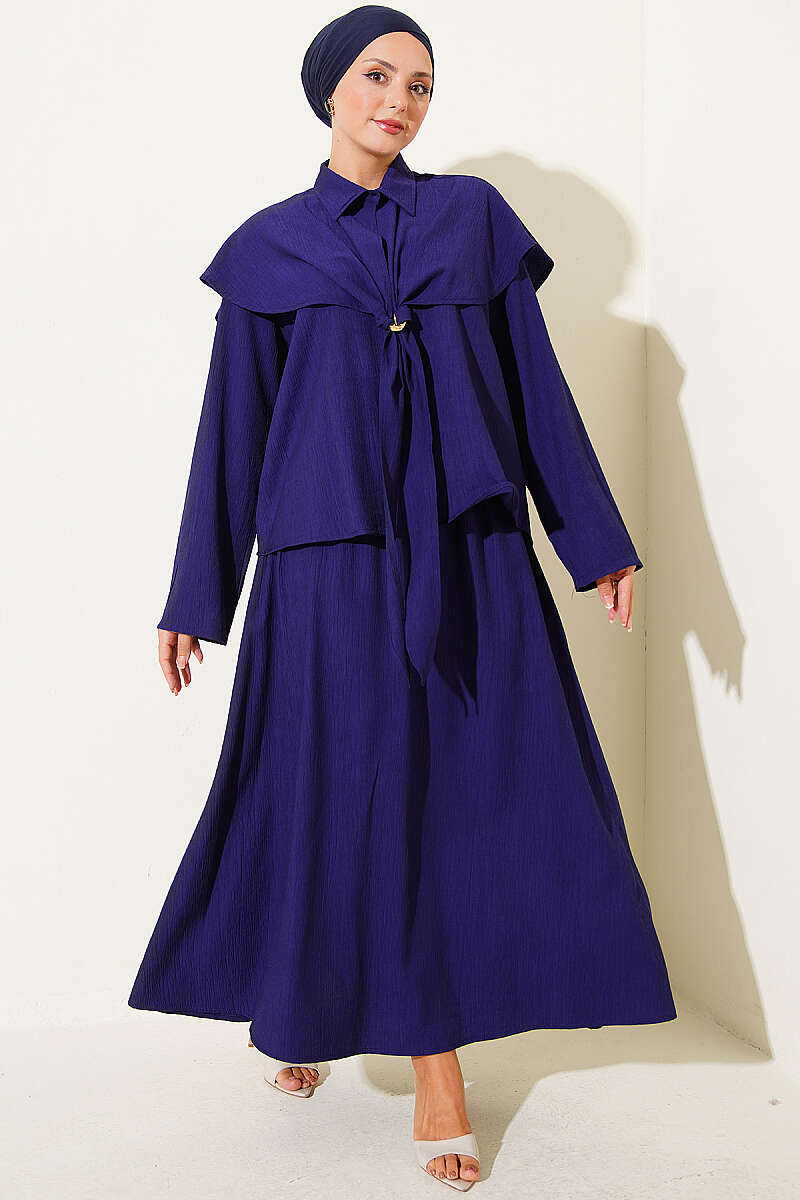Two-Piece Skirt Set with Cape and Gold Buckle - Navy