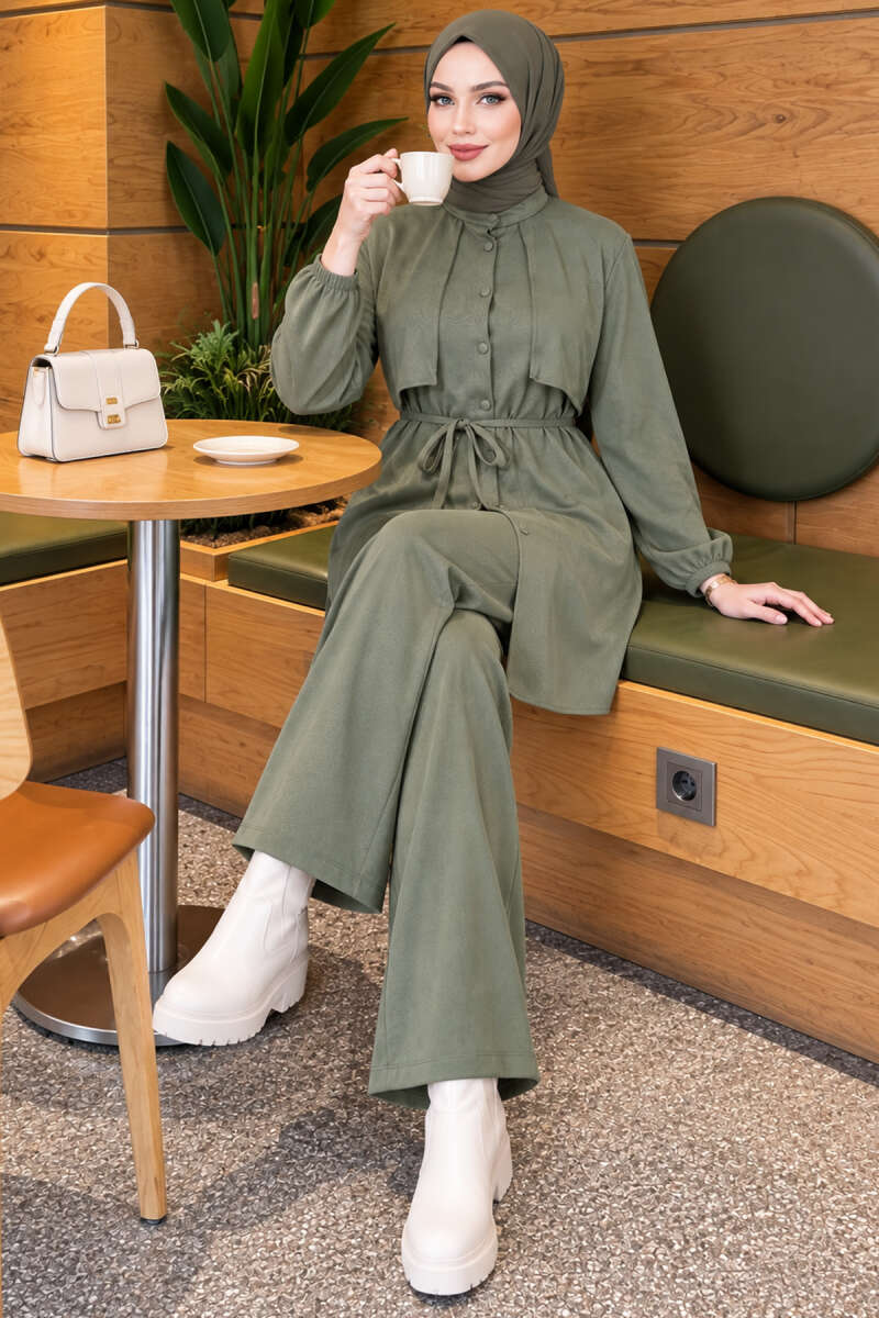 Two-Piece Set with Cape and Tie Detail - Almond Green