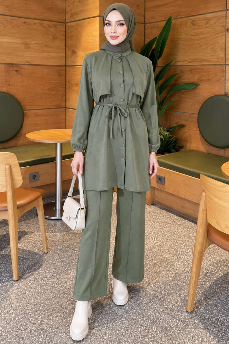Two-Piece Set with Cape and Tie Detail - Almond Green