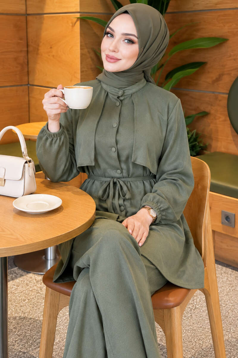 Two-Piece Set with Cape and Tie Detail - Almond Green