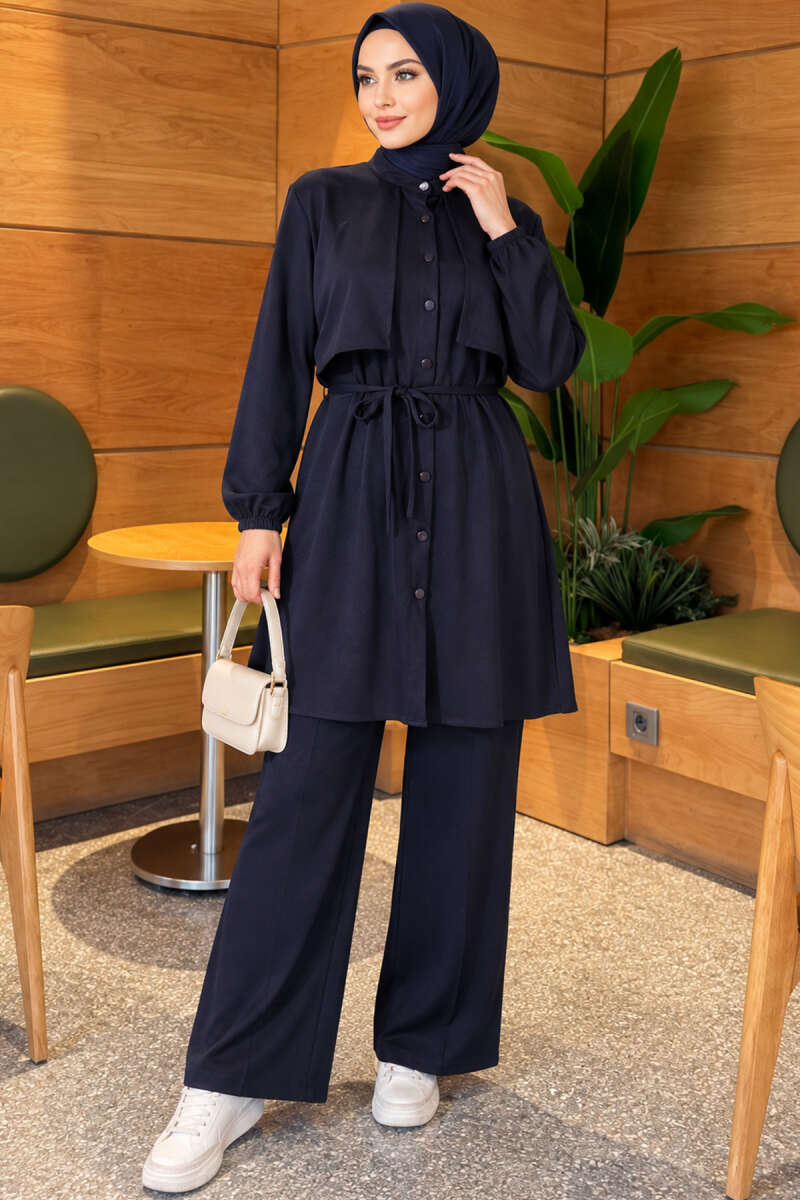 Two-Piece Set with Cape and Tie Detail - Navy