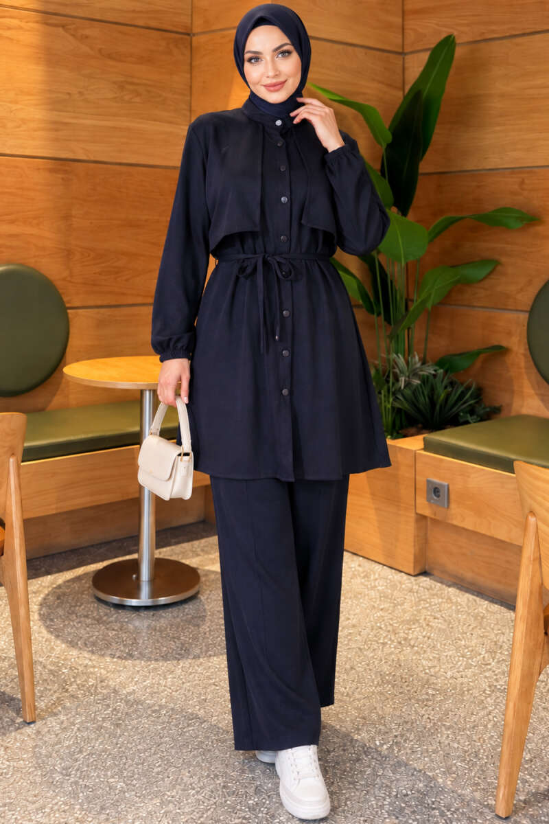 Two-Piece Set with Cape and Tie Detail - Navy