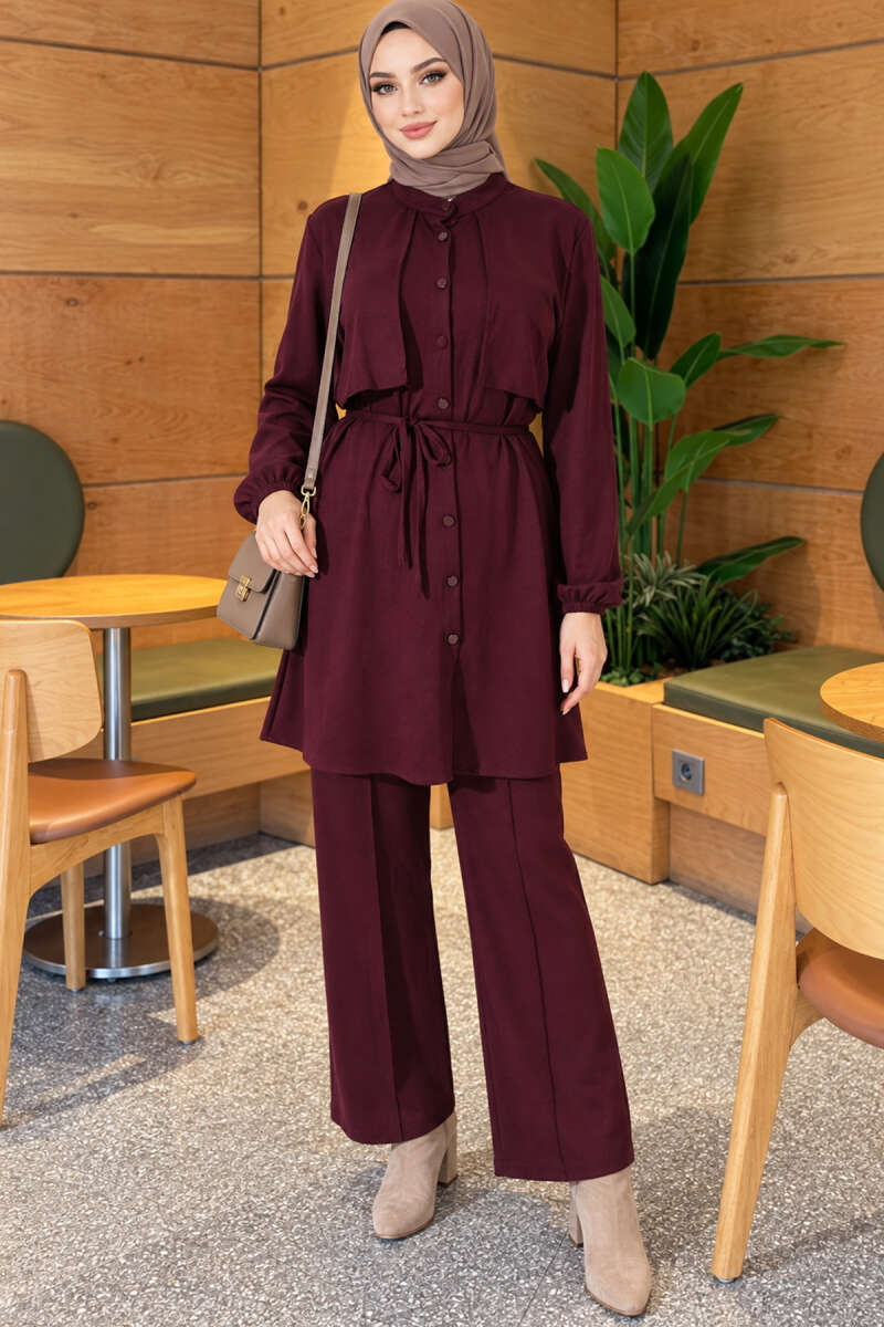 Two-Piece Set with Cape and Tie Detail - Plum