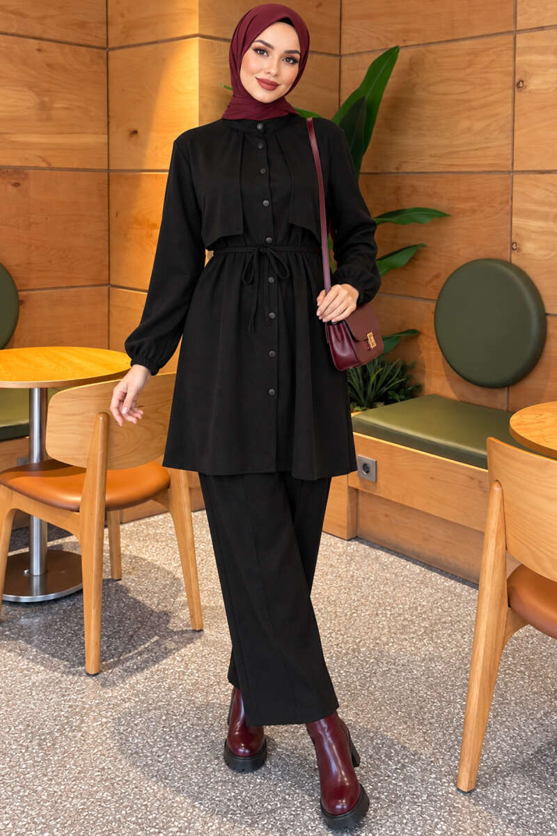 Two-Piece Set with Cape and Tie Detail - Black