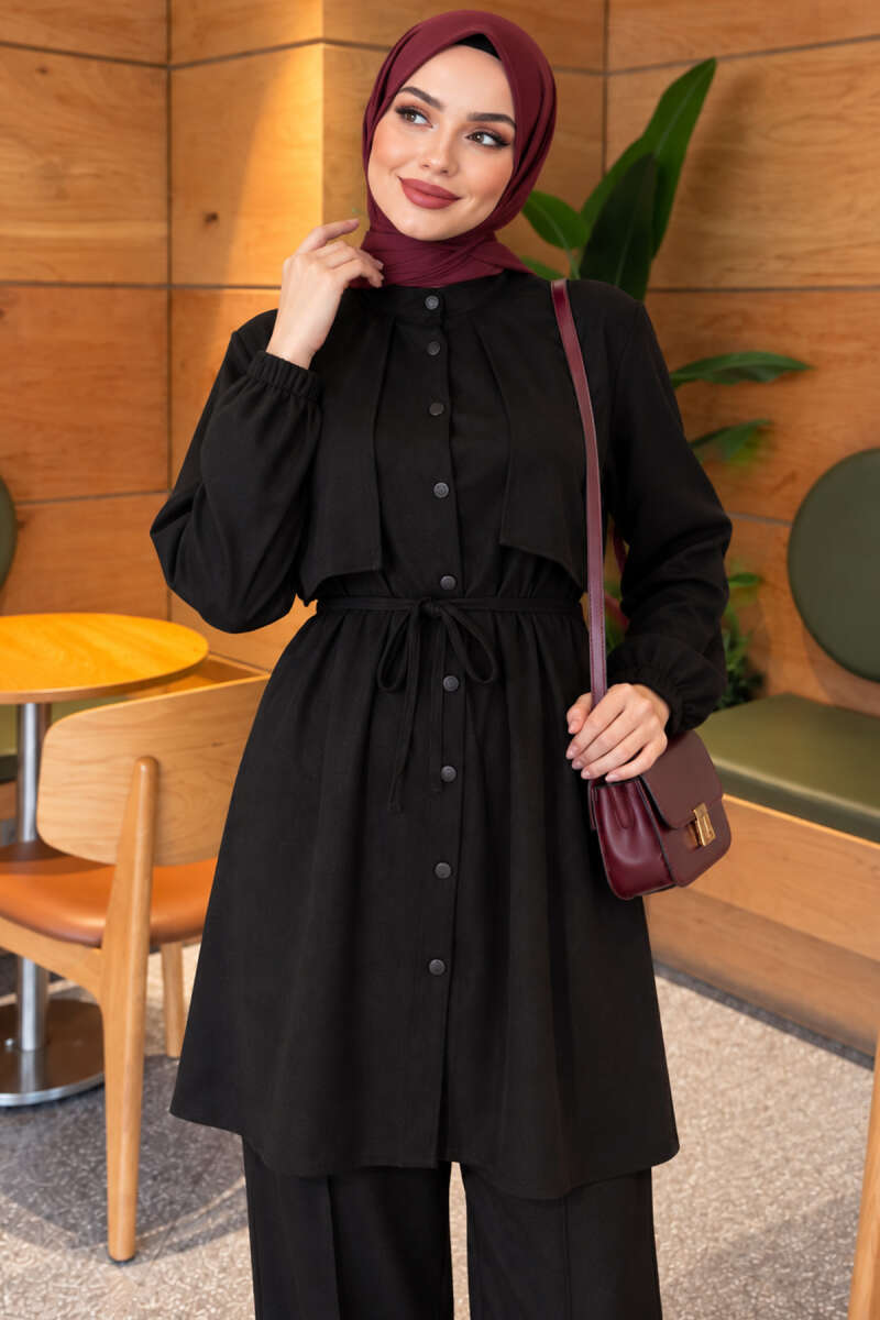 Two-Piece Set with Cape and Tie Detail - Black