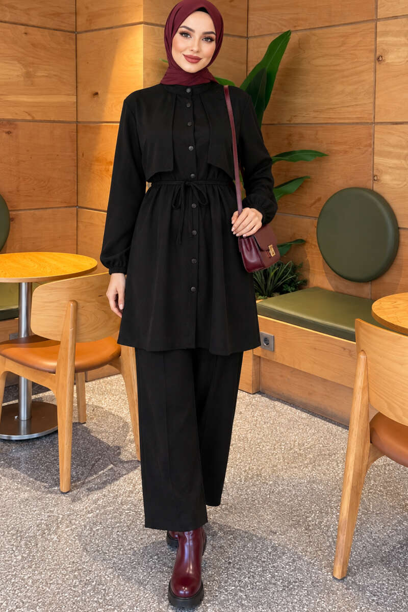 Two-Piece Set with Cape and Tie Detail - Black