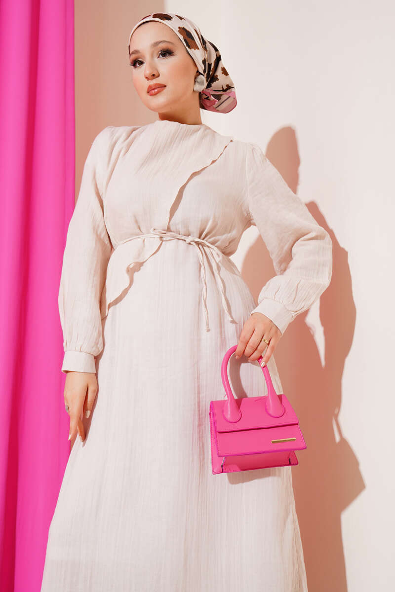 Cape Dress with Tie Belt - Beige