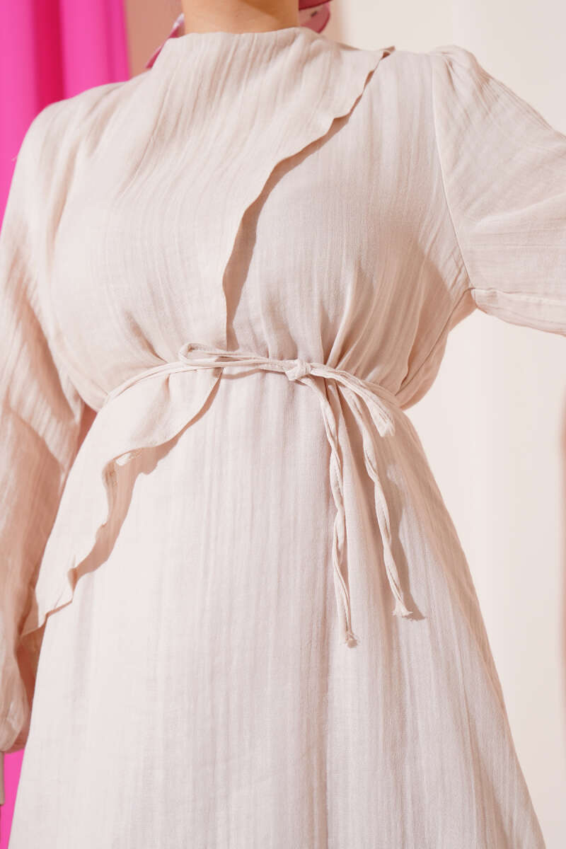 Cape Dress with Tie Belt - Beige