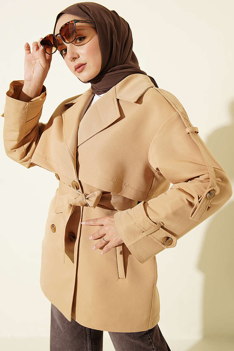 Short Belted Button Trench Coat with Cape - Beige