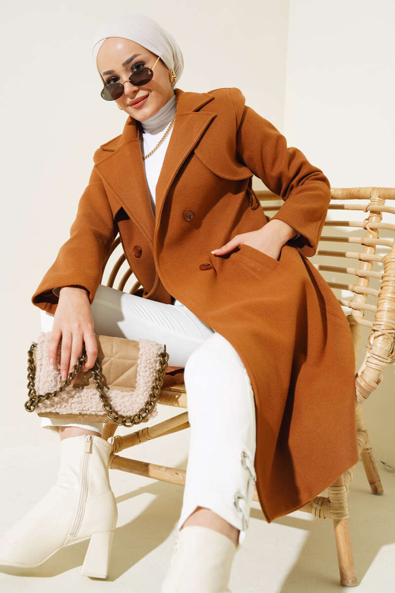 Belted Felt Coat with Cape - Tan