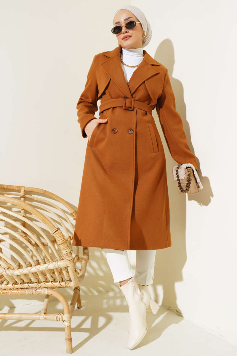 Belted Felt Coat with Cape - Tan
